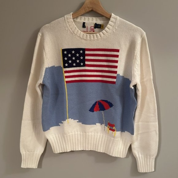 NEW Polo Ralph Lauren American Flag Beach Sweater in White Ivory | size M - Picture 5 of 10